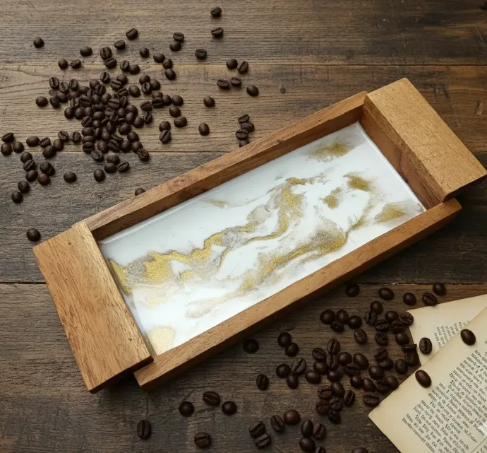 "Ivory Mirage Resin Tray | Handcrafted Teak Elegance with Golden Veins"