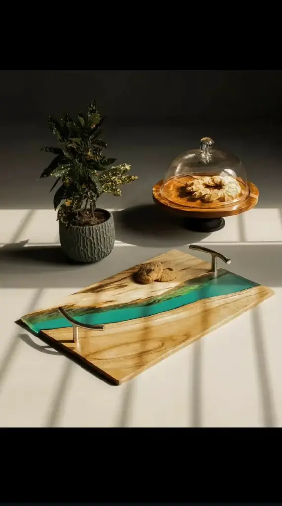 लक्ज़री हस्तनिर्मित एपॉक्सी रेज़िन ट्रे | लकड़ी की रेज़िन सर्विंग ट्रे | सजावटी होम ट्रे | घर और रसोई के लिए उपहार