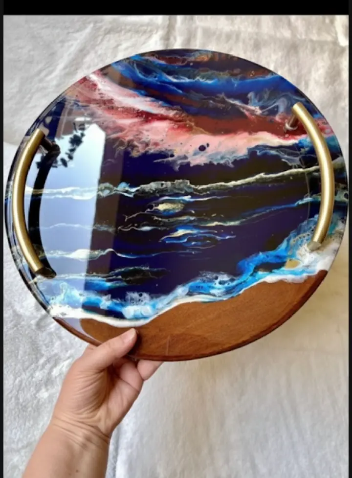 Aurora Ocean Resin Art Serving Tray with Handles | Handmade Epoxy on Solid Teak Wood