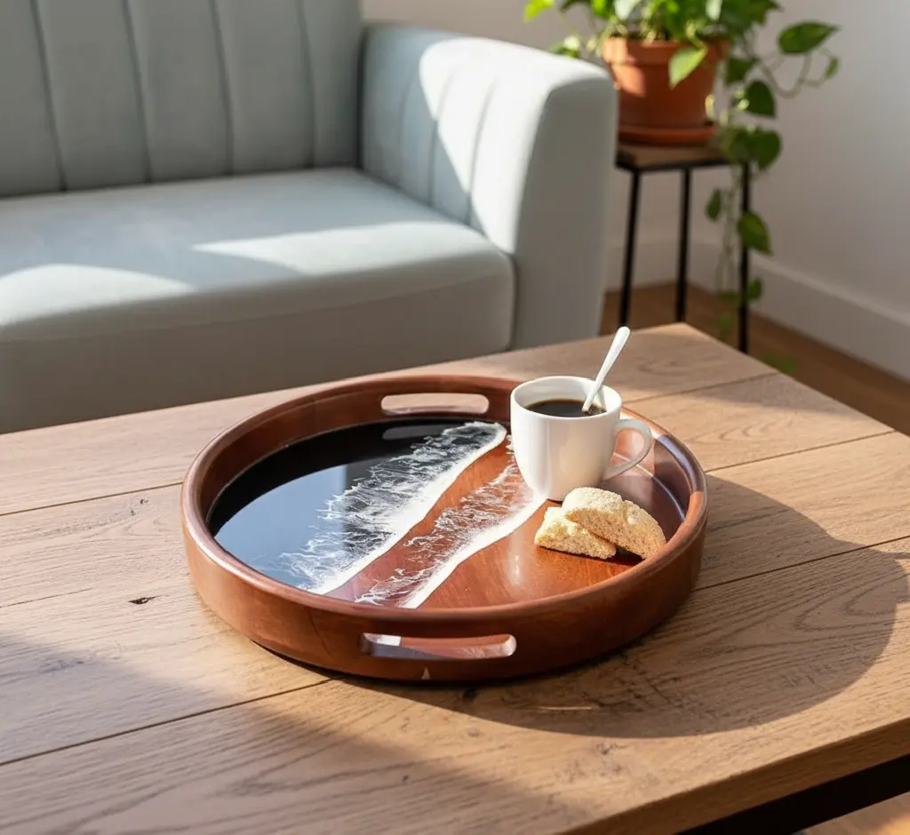 “Midnight Shoreline Luxe Resin Tray | Handcrafted Ocean Waves on Natural Wood”
