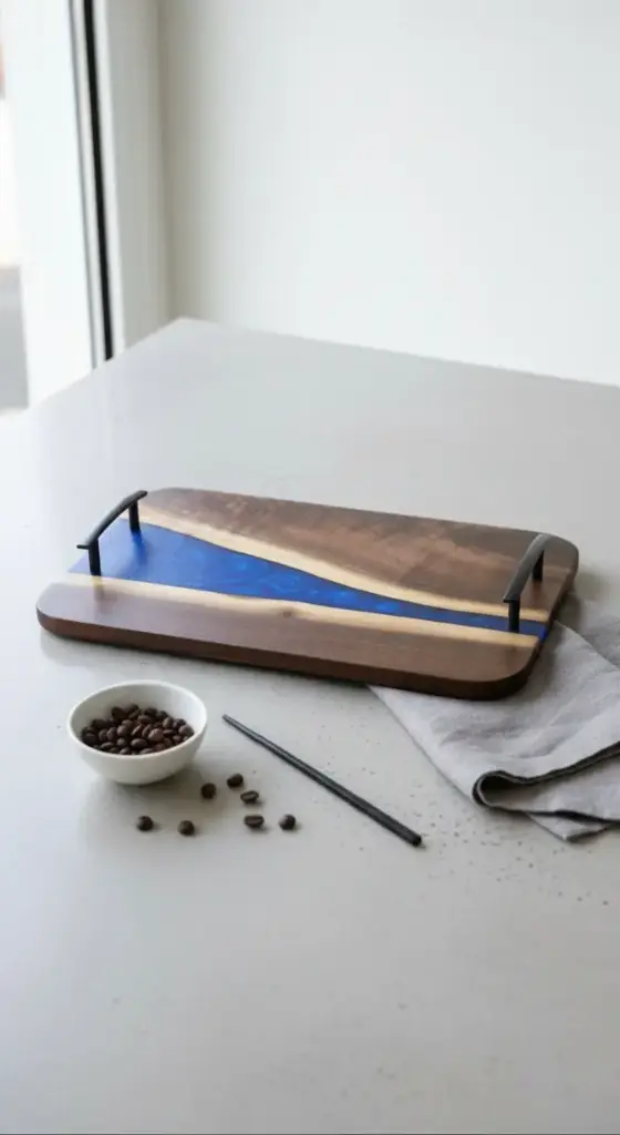 "Blue Ember River Tray | Modern Walnut & Epoxy Fusion with Matte Handles"
