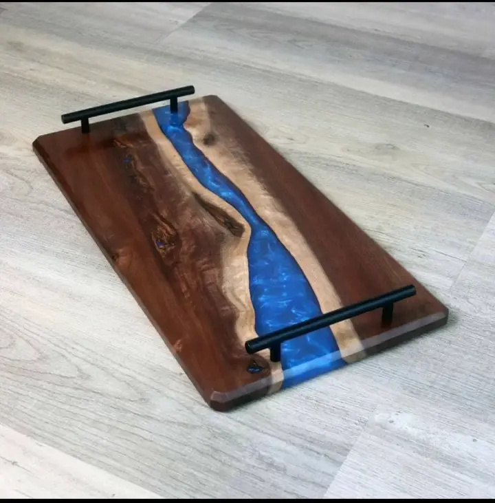 Blue Ember River Tray | Modern Walnut & Epoxy Fusion with Matte Handles"